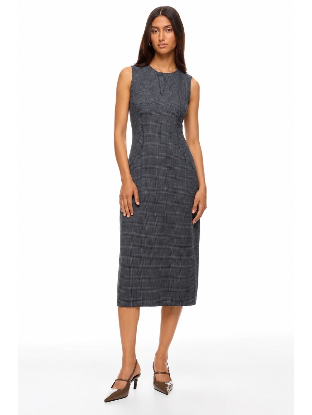 Of Mercer Size 12 Gray Glen Plaid Sleeveless Sheath Career Midi Dress Made NYC